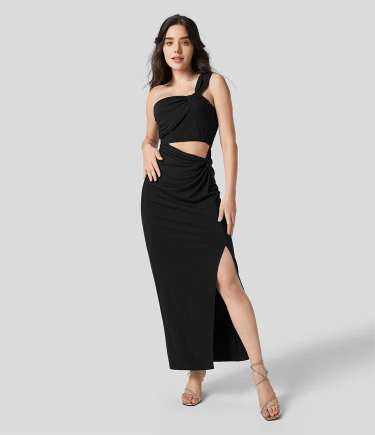 Black maxi dress with one-shoulder neckline, waist cut-out, and front slit in elegant standing pose.