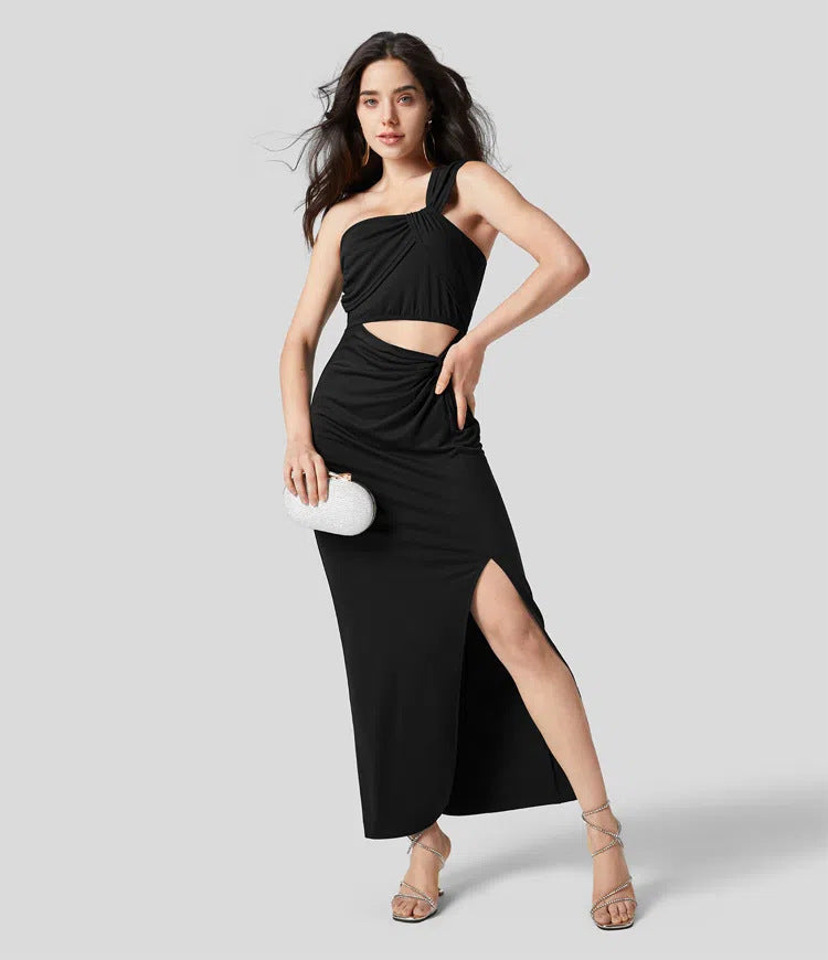 Black one-shoulder dress with curved waist cut-out and thigh slit captured in angled front view.