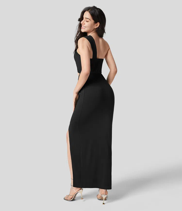 Back view of black one-shoulder maxi dress with waist cut-out and long straight skirt.