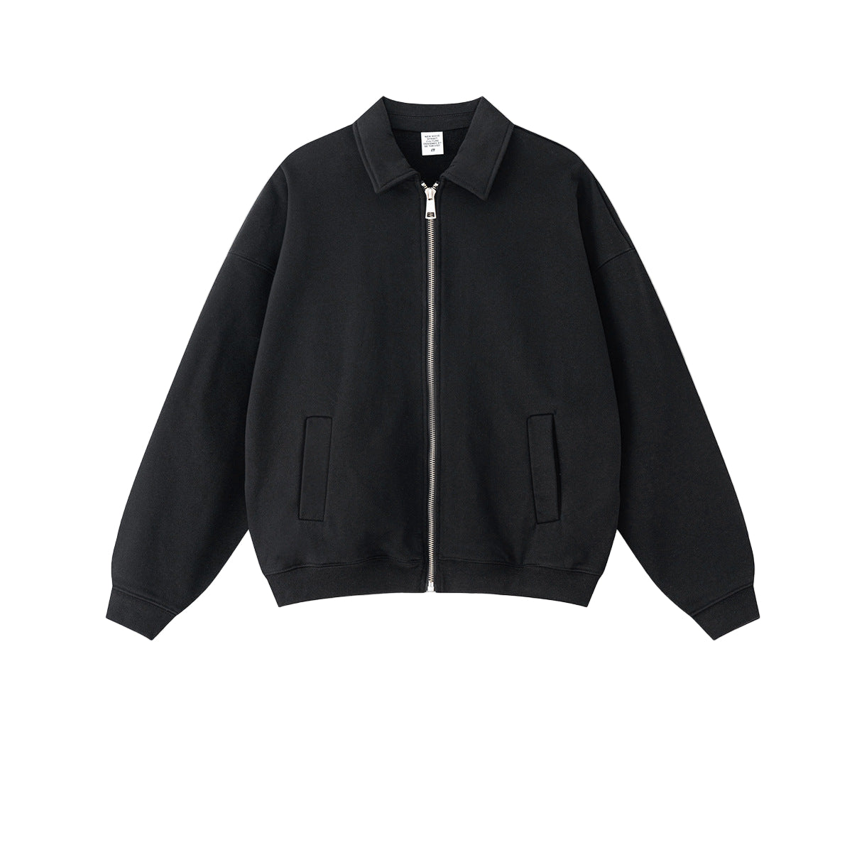 Black polo zip up, fleece-lined collared zip sweatshirt, flat lay front