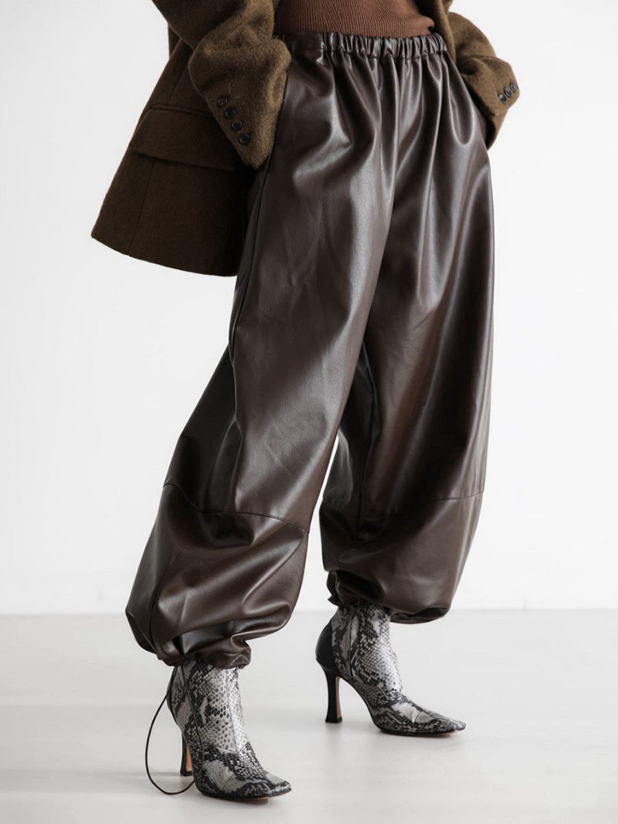 Black PU leather street style women’s pants with jacket