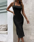 Black square-neck bodycon midi dress with sleeveless design and slim fit front view.