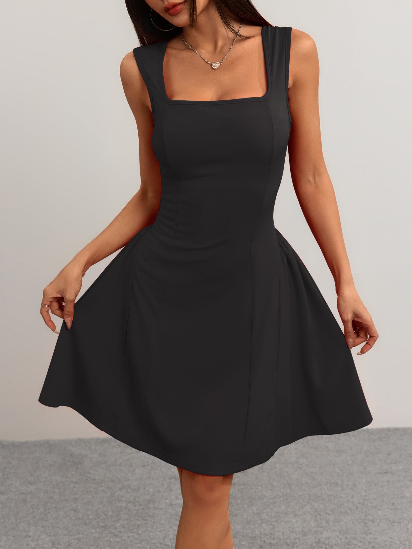 Square Neck Mini Dress – Sleeveless Flared Summer Dress – ZINNTRA