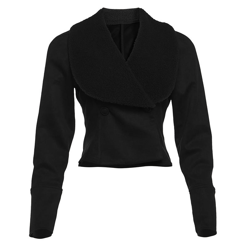 black suede jacket front view laid flat on white surface