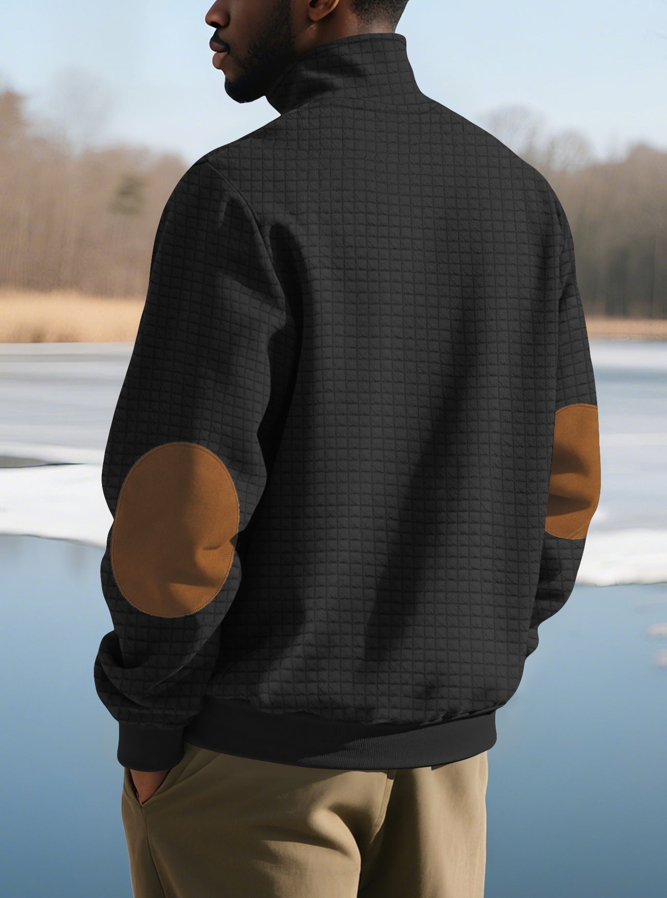 black sweatshirt with zip for men back view outdoors