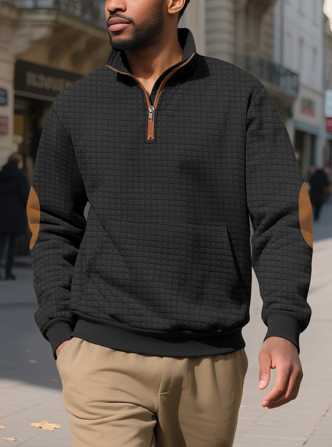 black sweatshirt with zip for men front street view