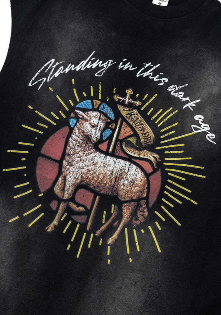 Close-up of full ram graphic and slogan on black washed tee