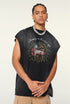 Model poses in black tribal ram tank with arms folded