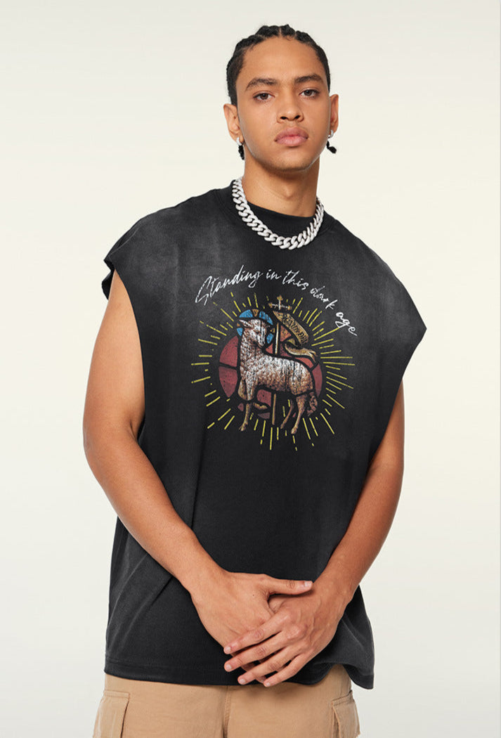 Model poses in black tribal ram tank with arms folded