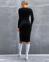 Back view of black velvet bodycon dress with long sleeves and fitted midi silhouette.