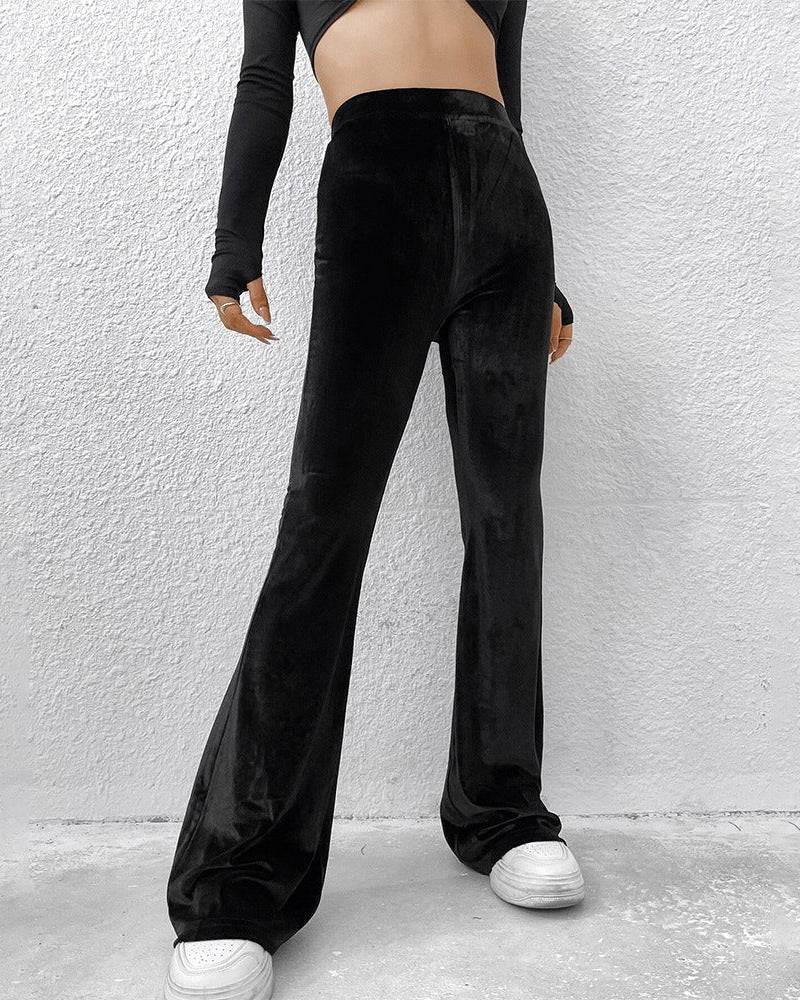 black velvet flare pants high waist front angled view