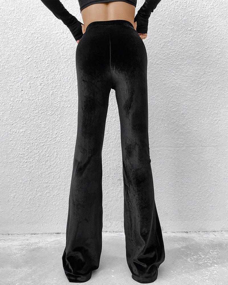 black yoga flare pants back view velvet fabric