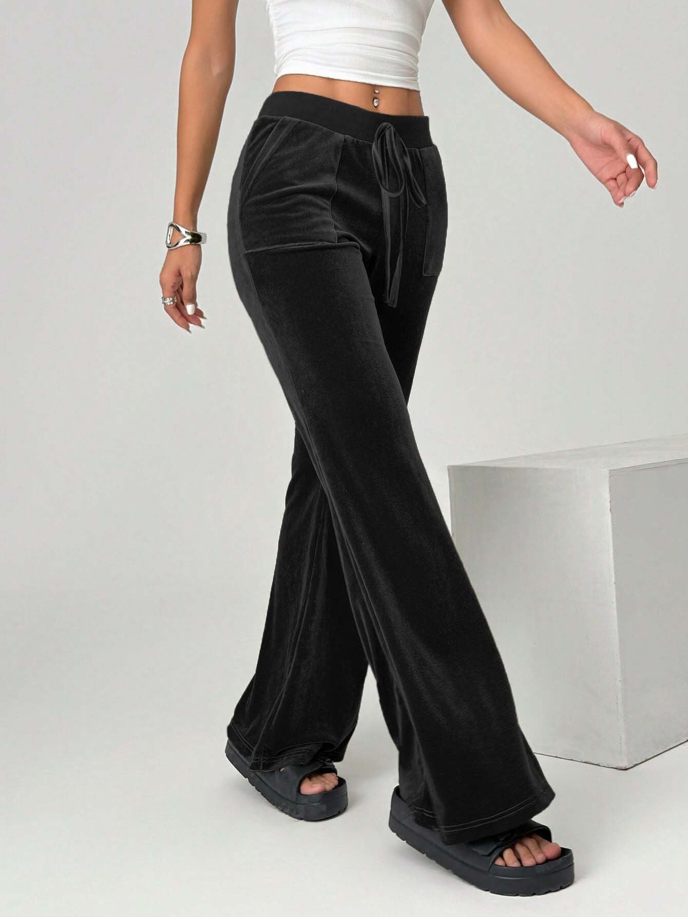 black velvet flare pants side view casual look