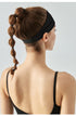Back view of woman wearing black workout headband with elastic strap.