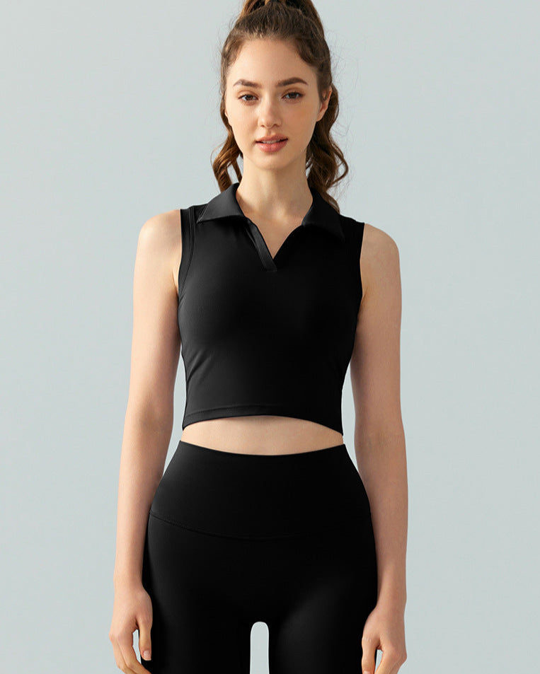 Women’s sleeveless polo golf top in back with cropped fit and V-neck collar, front view