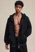 Black zip hoodie open front styling over bare chest