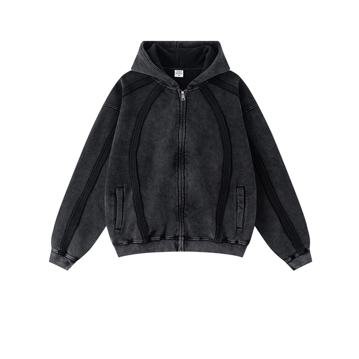 BLACK zip up hoodie, fleece-lined, sculpted seams, flat lay front
