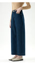 Close-up of blue wide leg jeans with cuffed hem and side pocket detail.