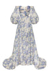 Off-shoulder blue floral dress with long sleeves on a white background