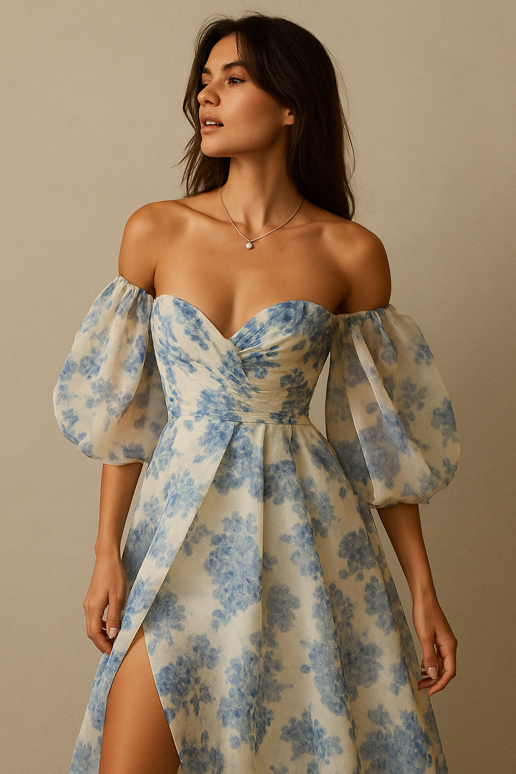 Woman wearing a floral off-shoulder dress with puffed sleeves against a beige background