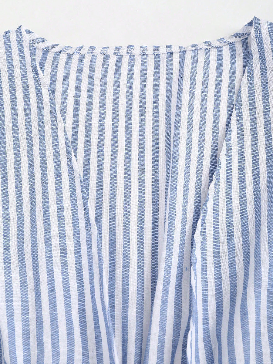 Blue striped blouse neckline detail long sleeve women’s tie waist top