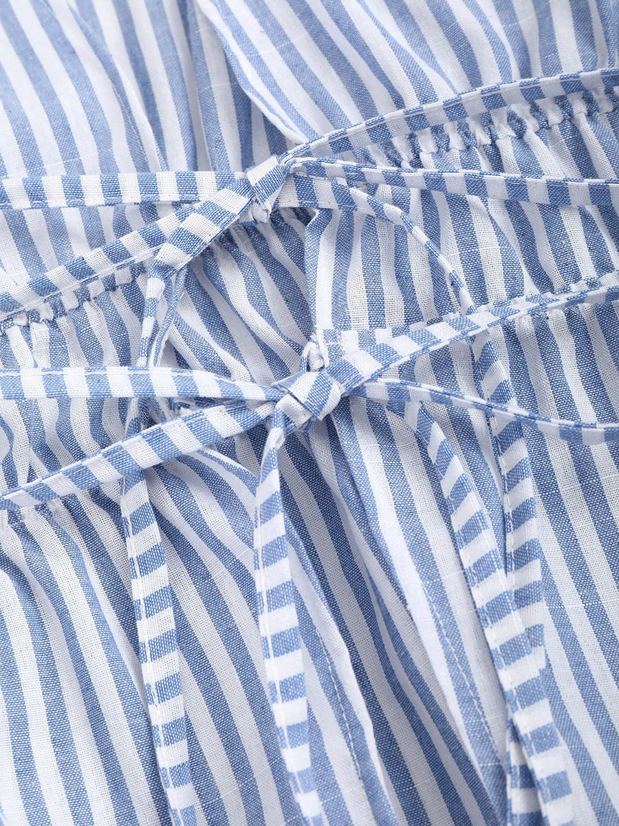 Blue striped blouse with adjustable tie waist detail long sleeve women’s top