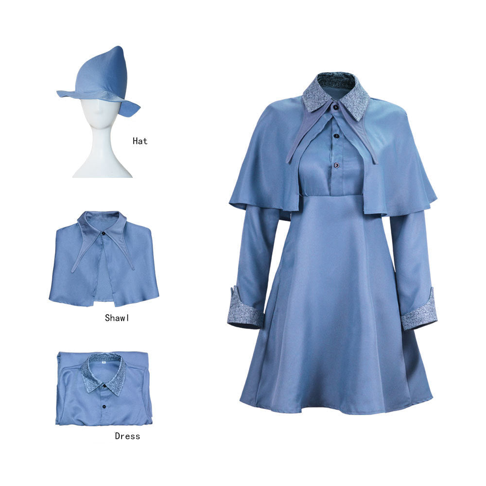 blue wizard academy cosplay outfit dress shawl and hat accessory display