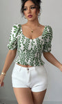 	Boho leaf print smocked crop top with off shoulder neckline