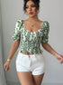 	Boho leaf print smocked crop top with off shoulder neckline