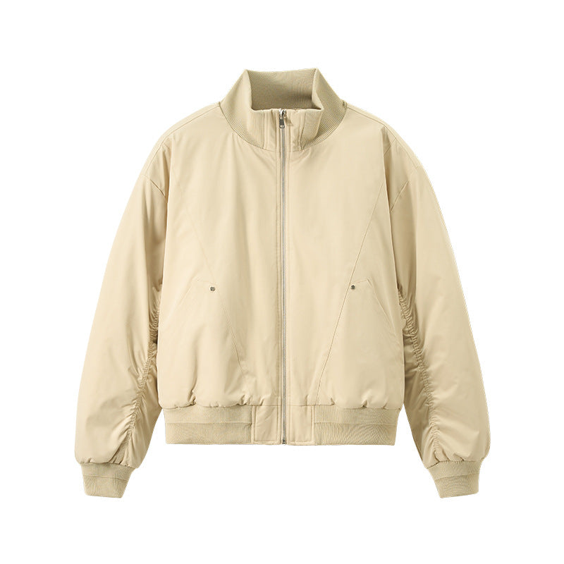 Beige men bomber jacket flat lay, stand collar, zip front, rib cuffs