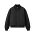 Black men bomber jacket flat lay, clean stand collar, patch pockets