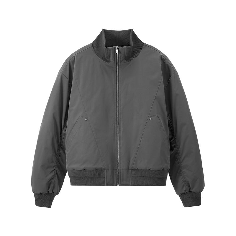 Charcoal gray men bomber jacket flat lay, zip front, rib hem
