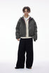 Gray stand-collar bomber, zip closed, relaxed wide-leg pants