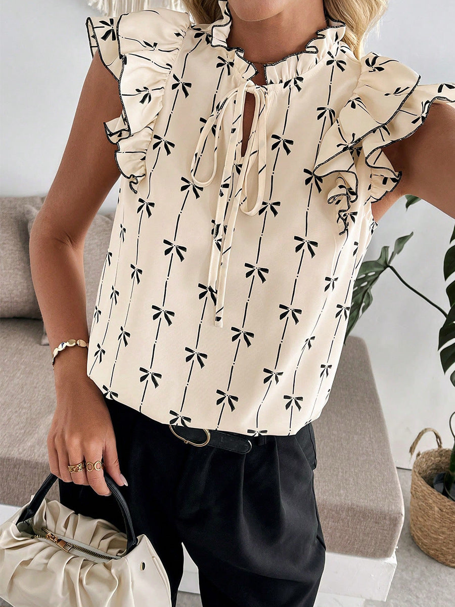 Women’s casual top short sleeve bow print blouse with ruffle sleeves styled outfit
