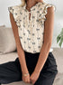 Bow print short sleeve blouse with ruffle sleeves women’s casual top sitting view