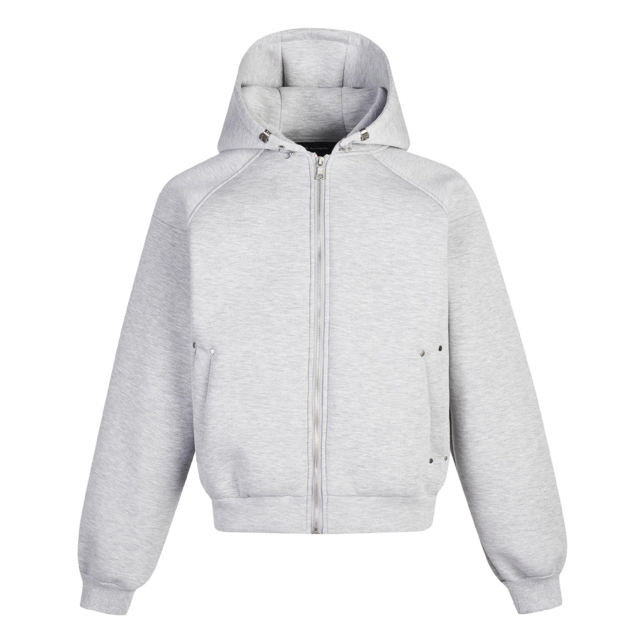 Light gray solid-color zip-up hoodie isolated on white with structured hood