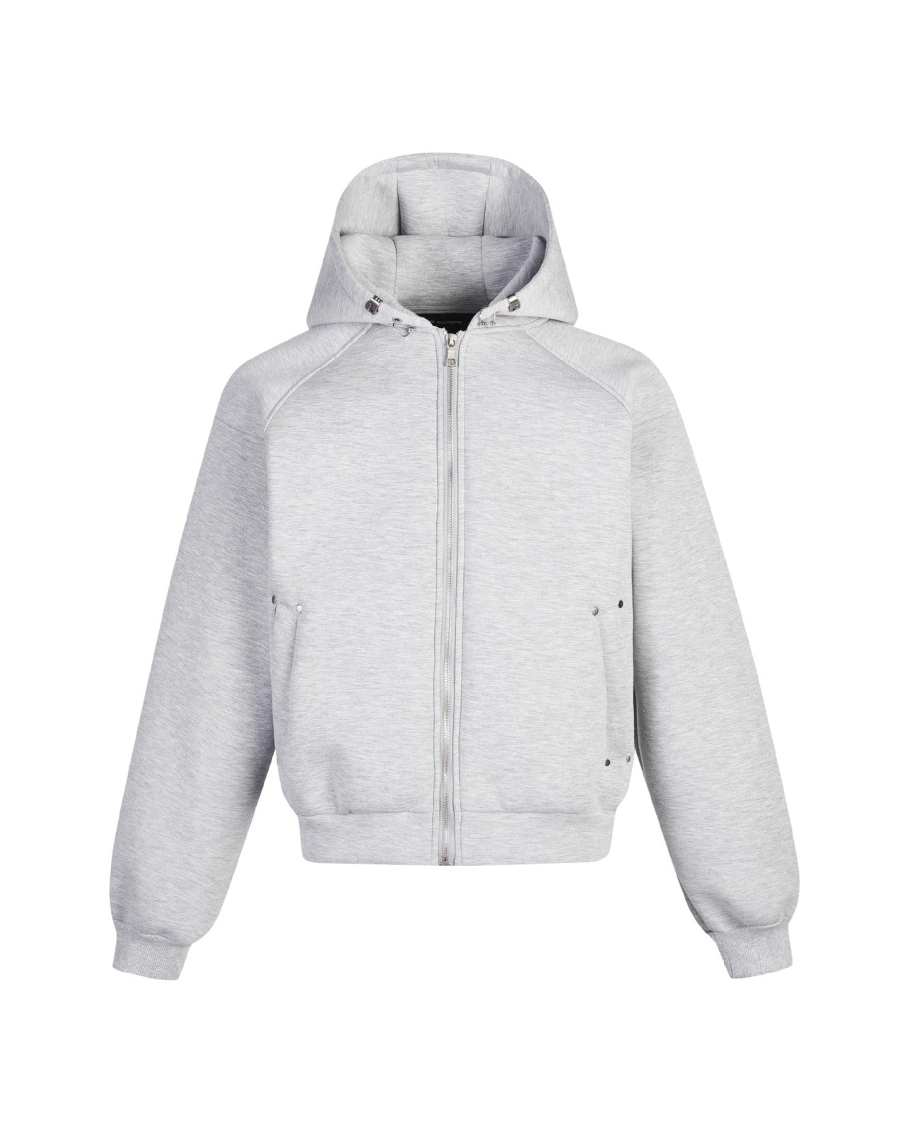 Light gray solid-color zip-up hoodie isolated on white with structured hood