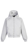 Light gray solid-color zip-up hoodie isolated on white with structured hood