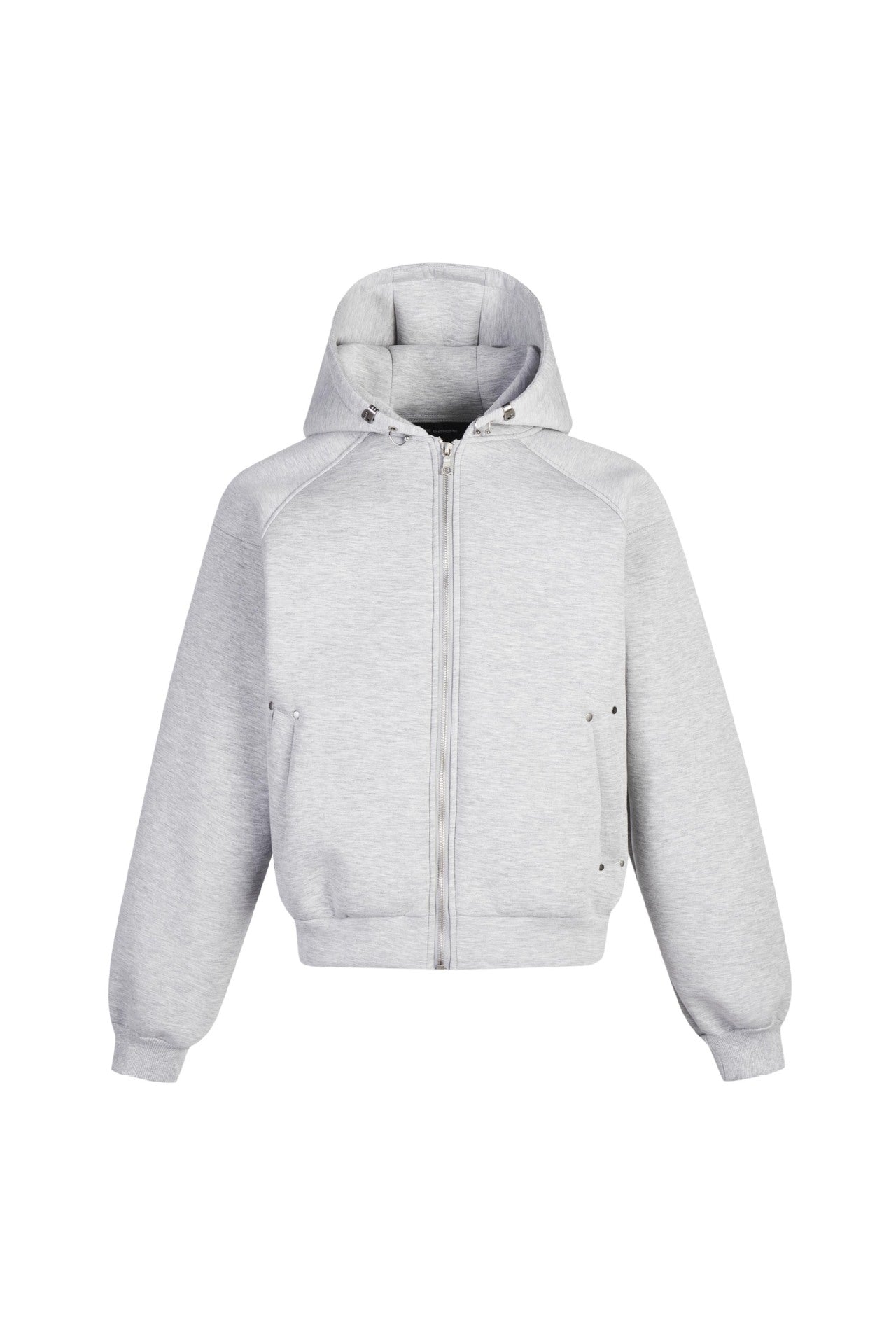 Light gray solid-color zip-up hoodie isolated on white with structured hood