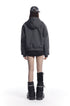 Back view of the charcoal boxy hoodie showing the hood and ribbed cropped hem