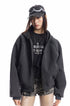 Front close view of the charcoal cropped hoodie with full zipper and wide sleeves