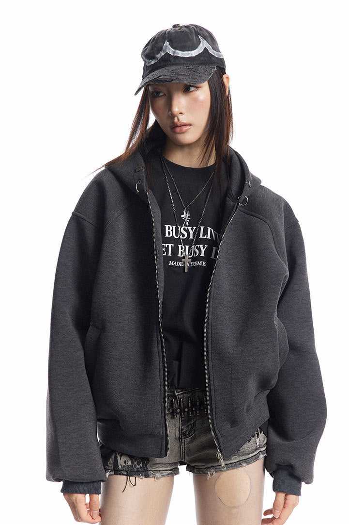 Front close view of the charcoal cropped hoodie with full zipper and wide sleeves