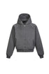 Charcoal boxy cropped zip-up hoodie isolated on white with rivet welt pockets