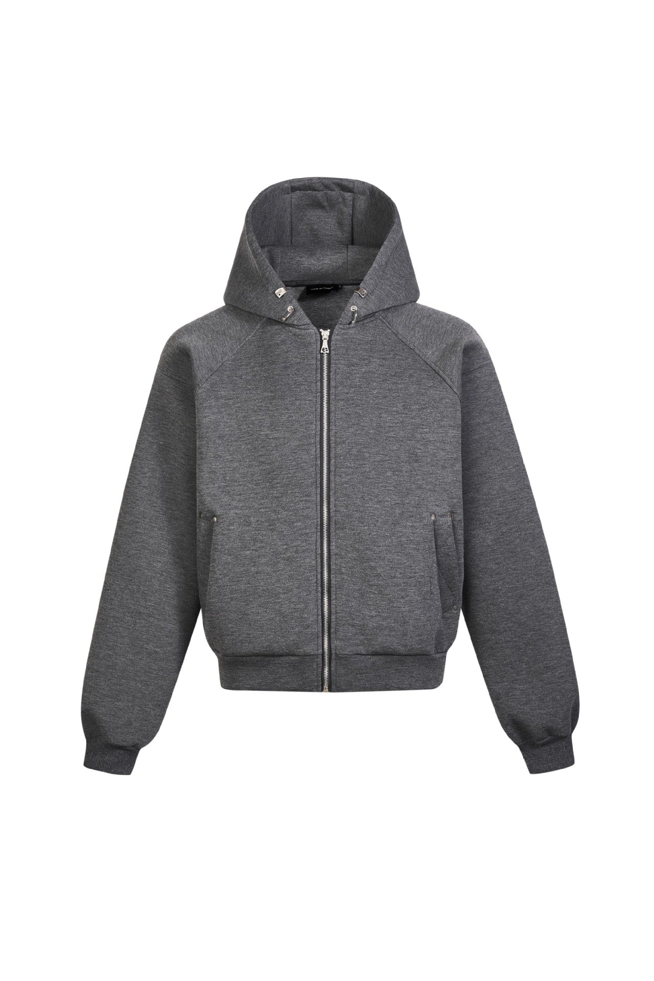 Charcoal boxy cropped zip-up hoodie isolated on white with rivet welt pockets