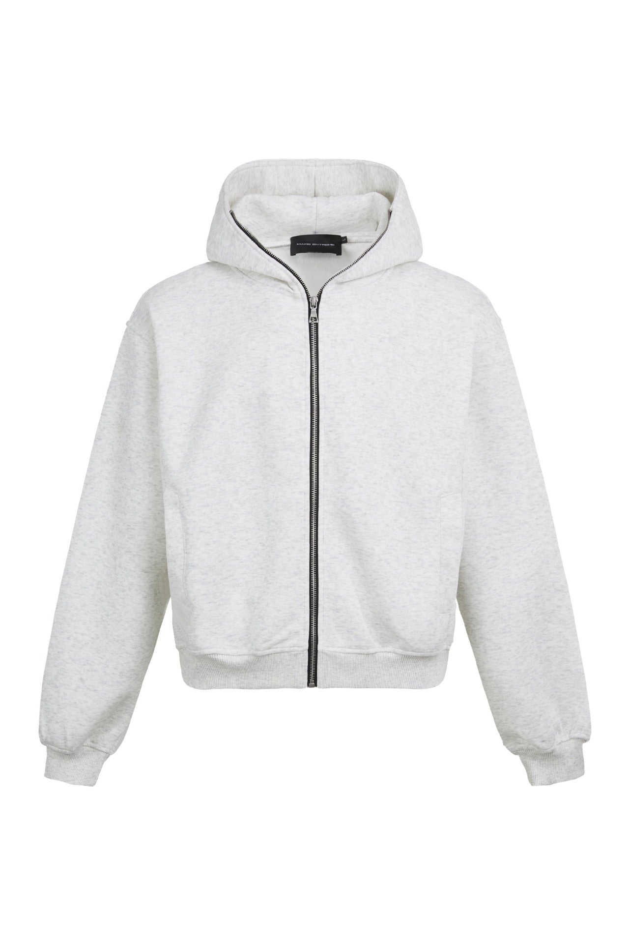 Studio flat-lay product image of the heather light grey boxy zip up hoodie jacket.