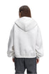 Rear view showing the hood and relaxed dropped shoulders of a heather grey boxy sweatshirt jacket.