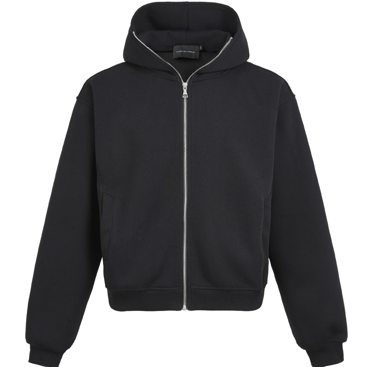 Studio flat-lay product image of the solid black boxy zip up hoodie jacket.