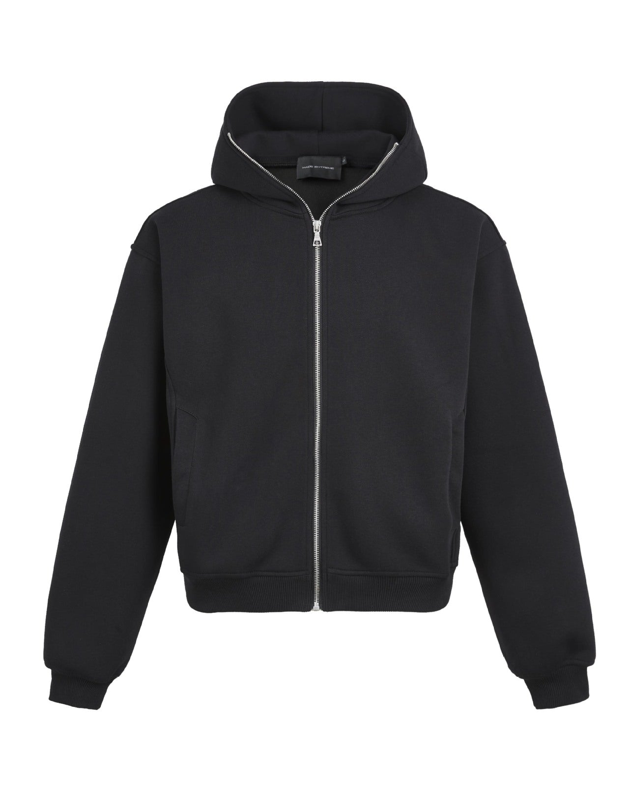 Studio flat-lay product image of the solid black boxy zip up hoodie jacket.