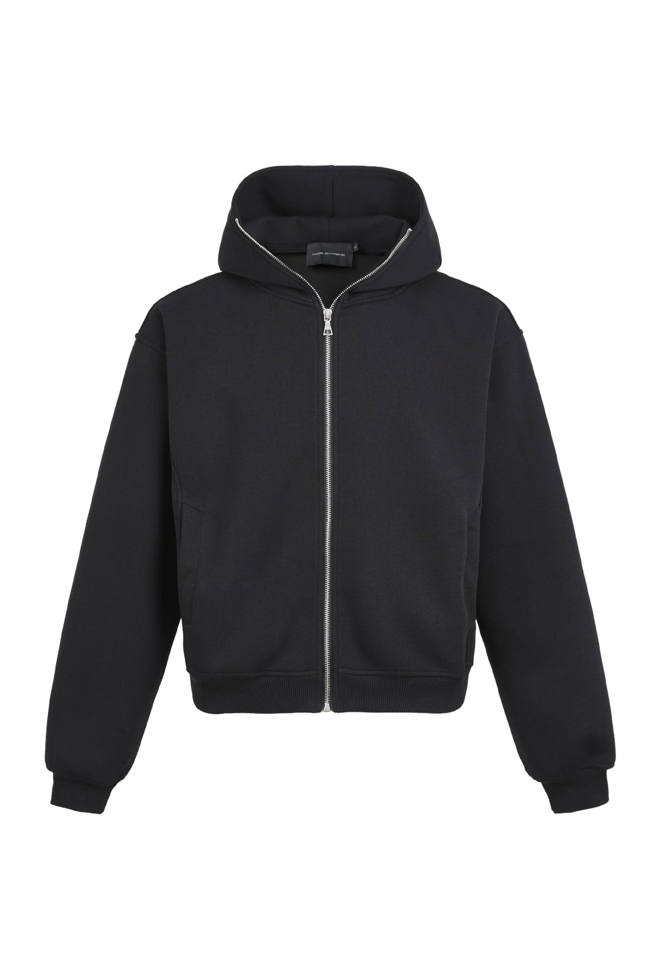 Studio flat-lay product image of the solid black boxy zip up hoodie jacket.