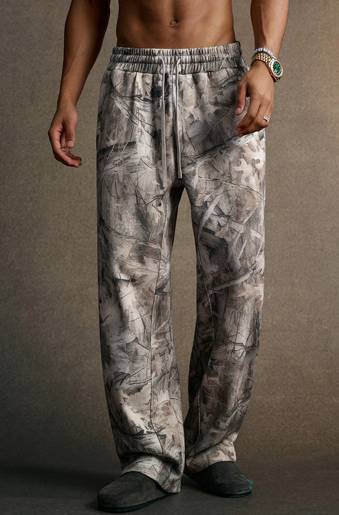 men branch camo polyester fleece sweatpants front view, elastic waistband, jogger cuffs